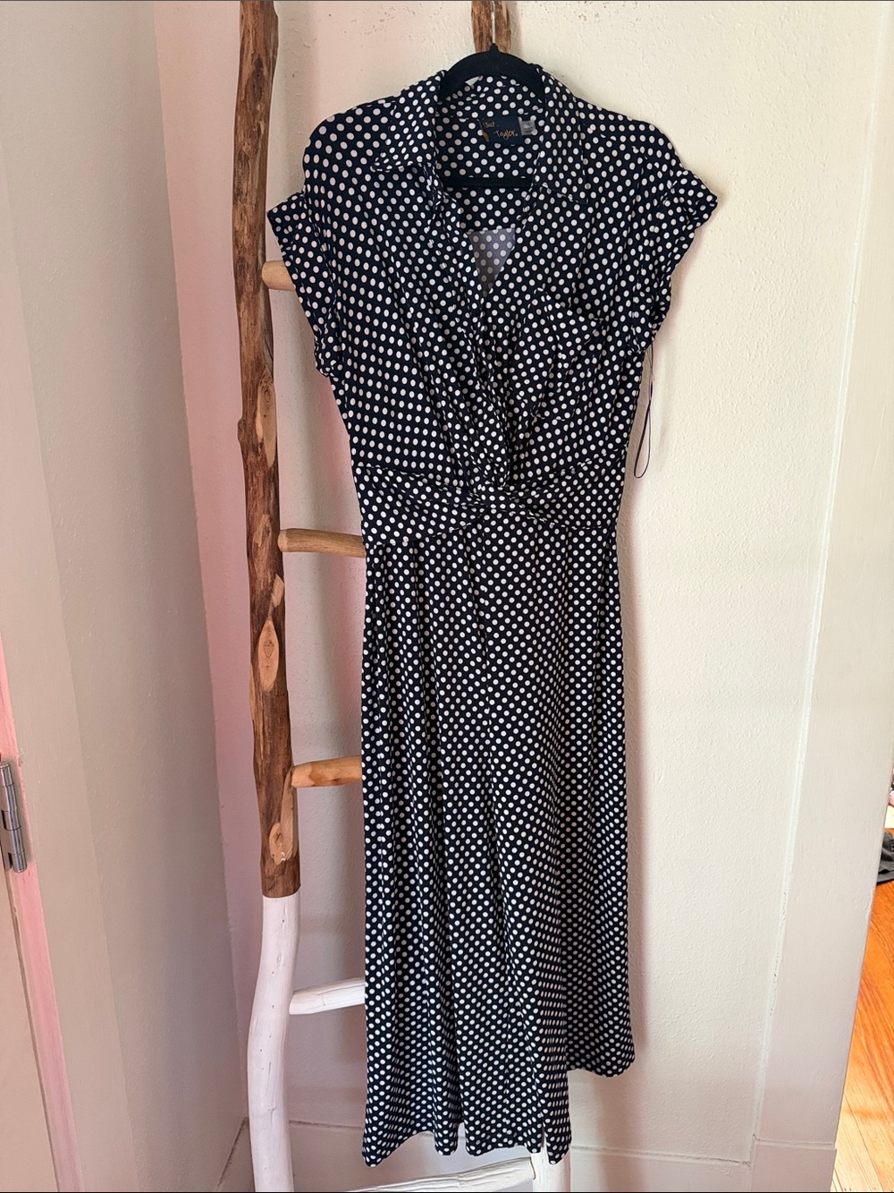 Just...Taylor Navy and White Polka Dot Twist Front Wide Leg Stretch Jumpsuit 10